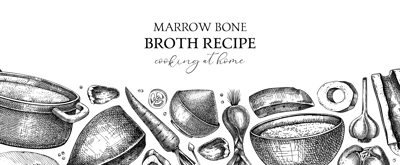 Healthy food background. Marrow bone broth banner. Hot soup served on plates, pans, bowls, organ meat, vegetables, marrow bones sketches. Hand-drawn vector illustrations. Homemade food ingredients